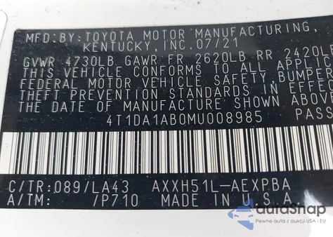 2021 Toyota Avalon Limited Hybrid z USA, uszkodzony, nr VIN 4T1DA1AB0MU008985